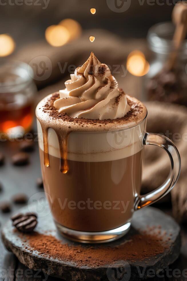 A delicious cup of coffee topped with whipped cream and cocoa, set against a cozy backdrop. photo