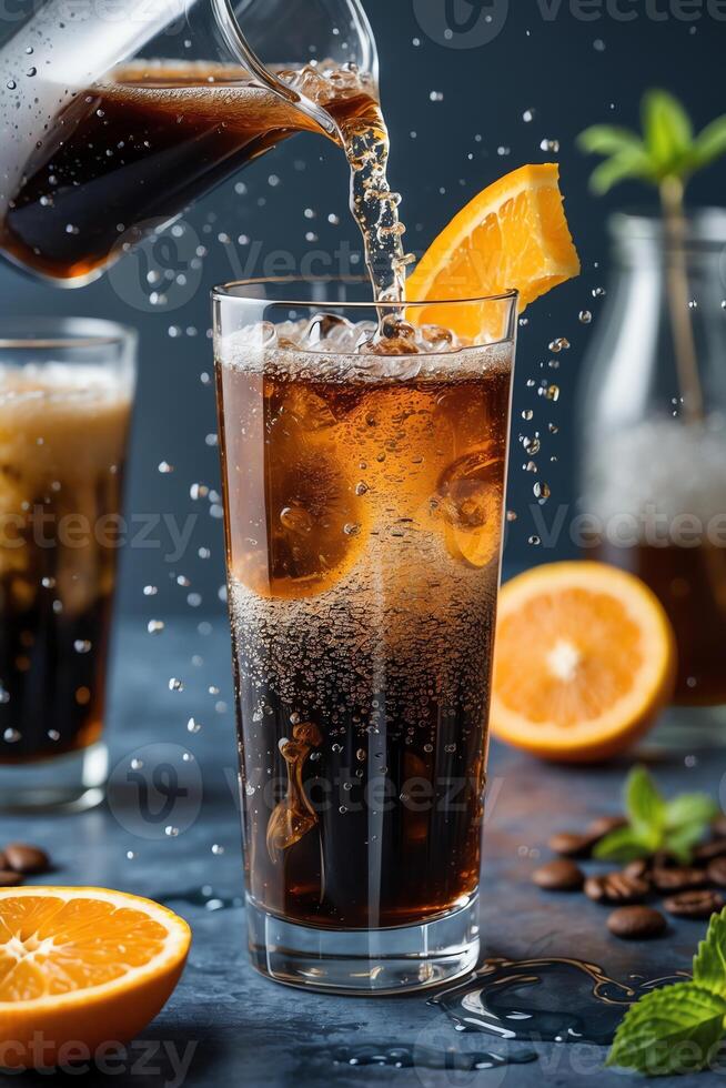 A refreshing drink being poured into a glass, garnished with an orange slice. photo