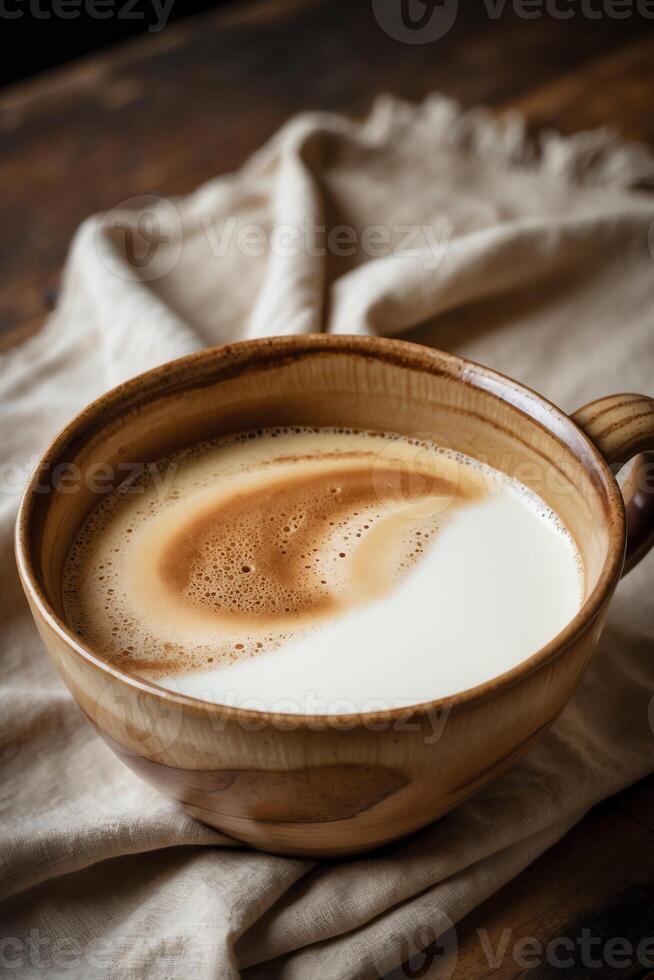 A cup of coffee with milk, resting on a textured cloth background. photo