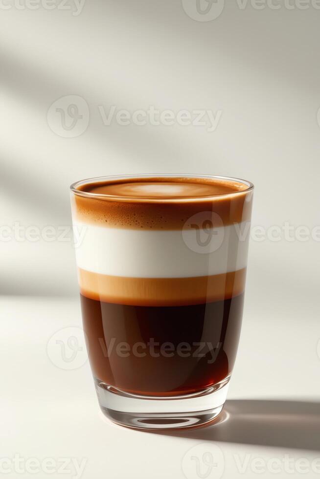 A layered coffee drink in a clear glass, showcasing rich colors and textures. photo