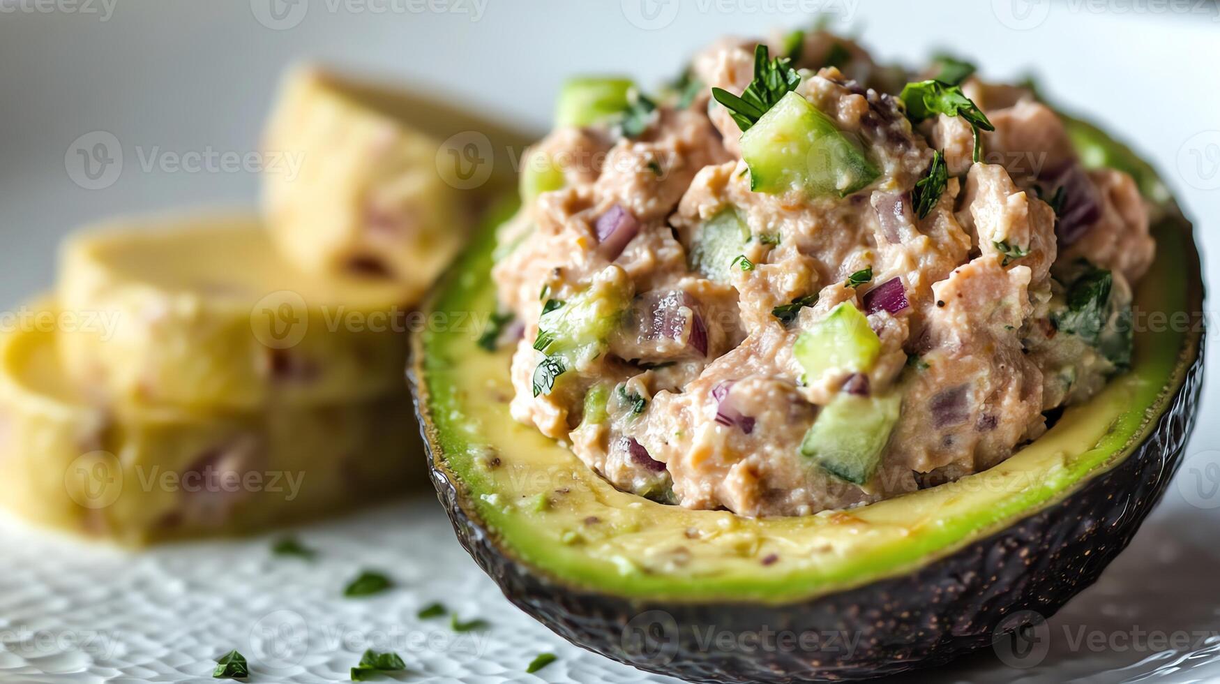 A halved avocado filled with a savory mixture, garnished with herbs, served with slices. photo