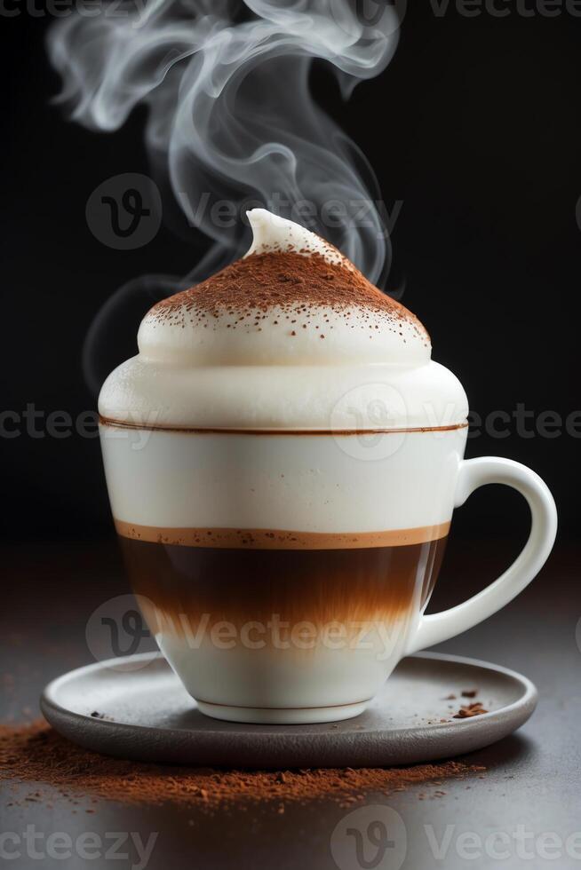 A beautifully layered coffee drink topped with frothy cream and cocoa powder. photo