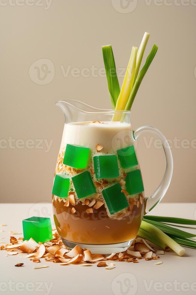 A pitcher filled with layered beverages, green jelly cubes, and garnished with scallions. photo