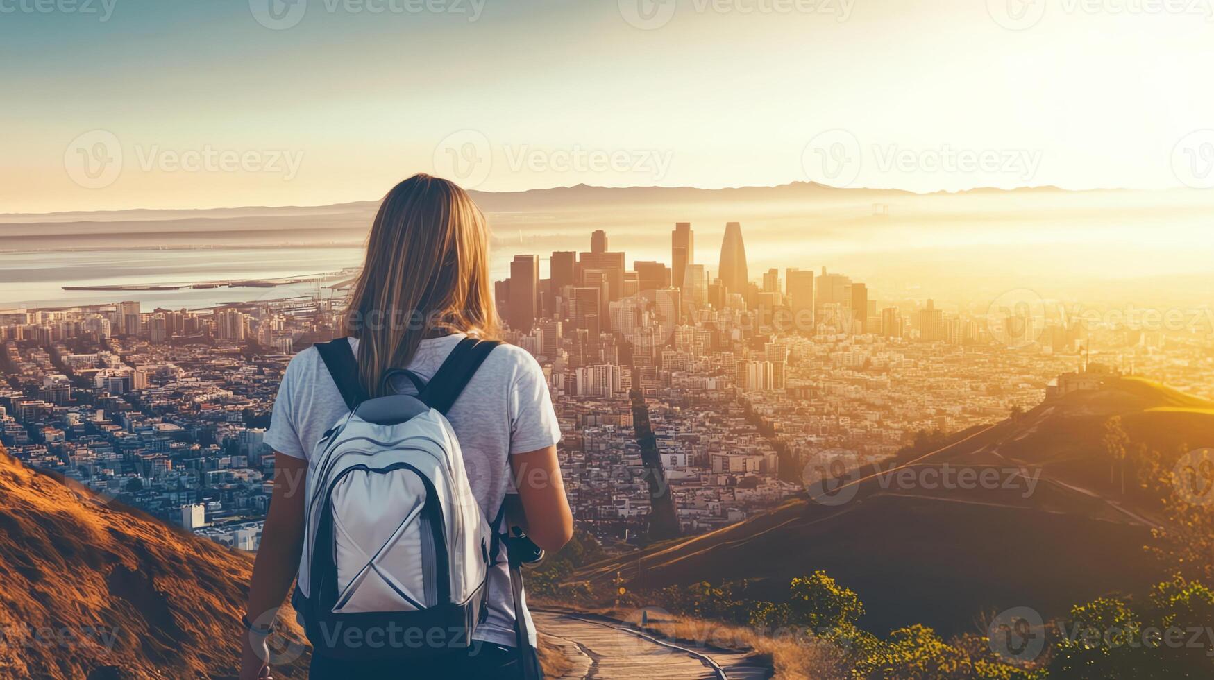 A person gazes at a city skyline during sunset, embodying adventure and exploration. photo