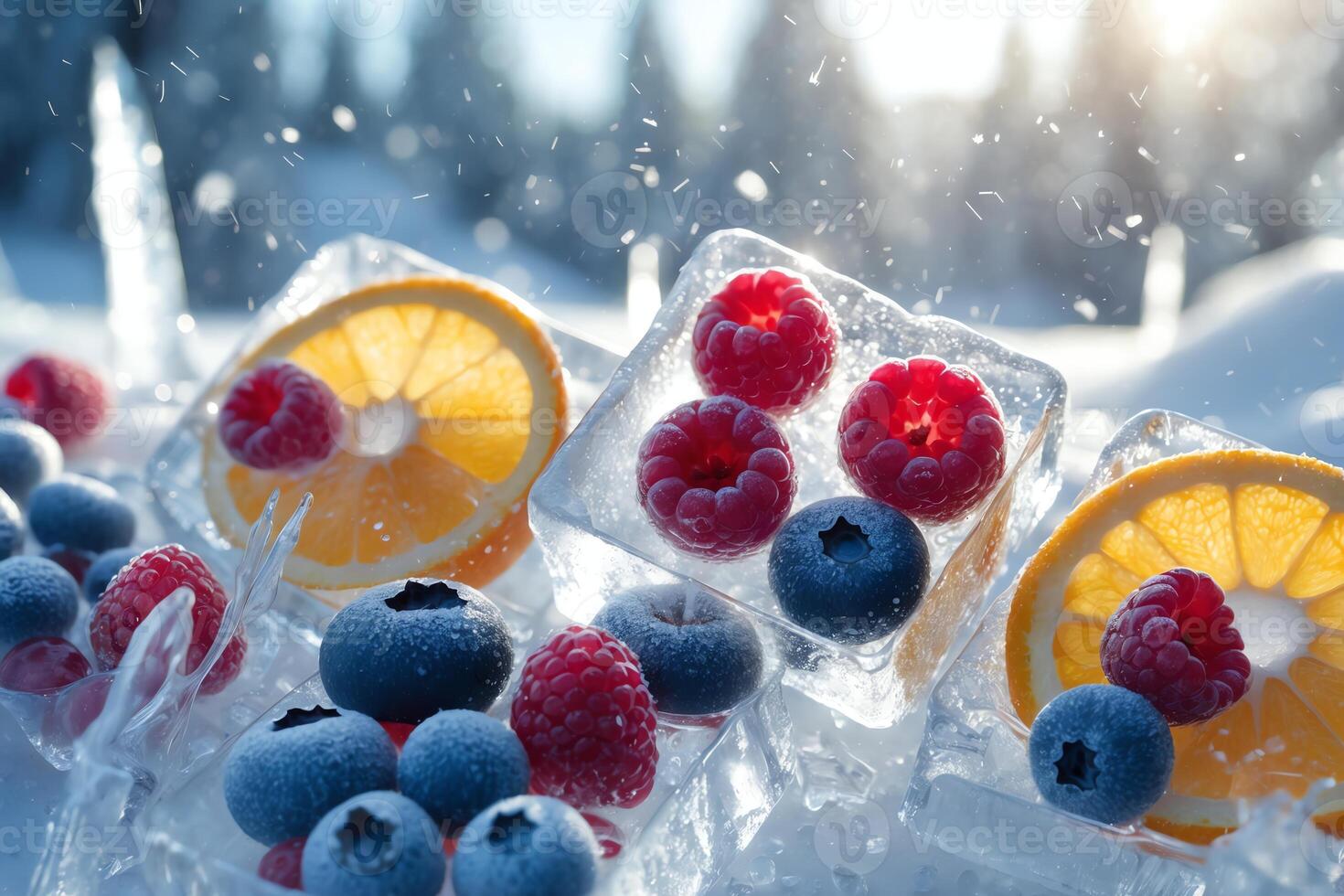 Fresh Berries and Orange Slices Cooling on Ice Cubes in Winter photo