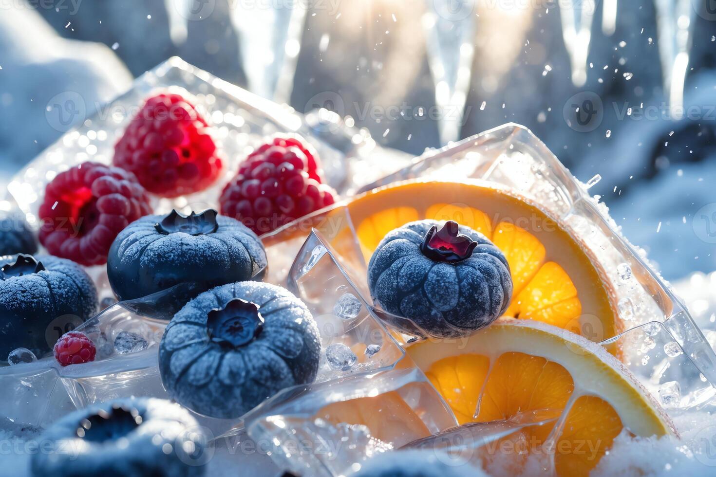 Fresh Blueberries Raspberries and Orange Slices on Ice Cubes in Winter photo