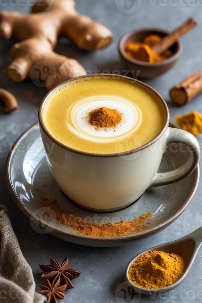 A creamy turmeric latte garnished with spices and ginger, served in a cozy setting. photo