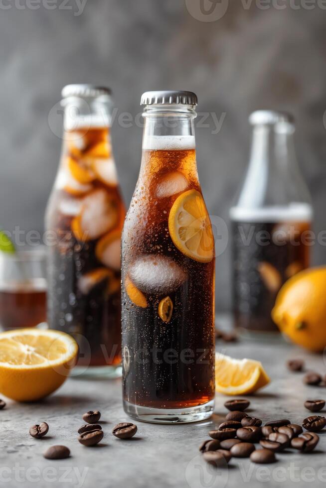 Refreshing beverage with ice and lemon in glass bottles, surrounded by coffee beans. photo