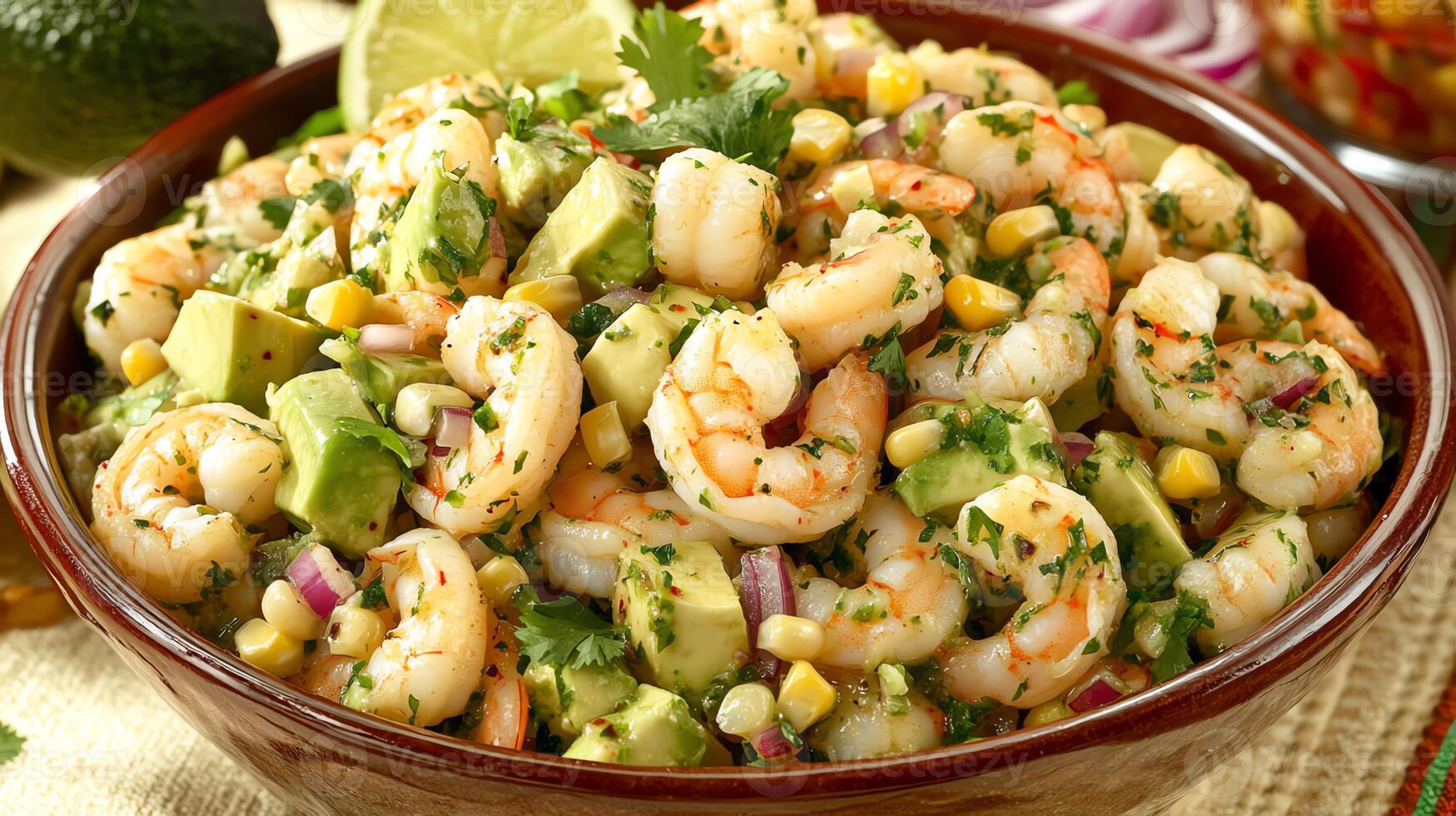 A vibrant shrimp salad featuring shrimp, avocado, corn, and herbs, ideal for a fresh meal. photo
