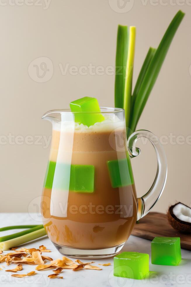 A refreshing beverage featuring green jelly cubes and coconut, served in a clear pitcher. photo