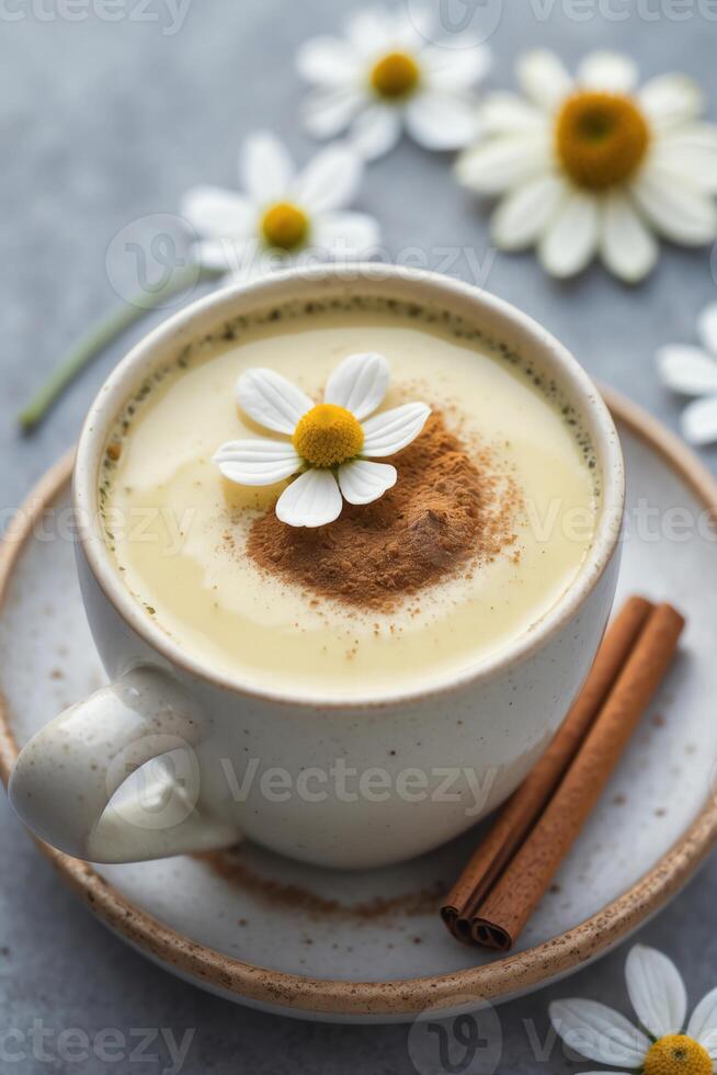 A cozy cup of creamy beverage topped with a flower and cinnamon, surrounded by daisies. photo