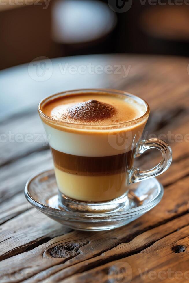 A layered coffee drink served in a glass cup on a wooden table. photo