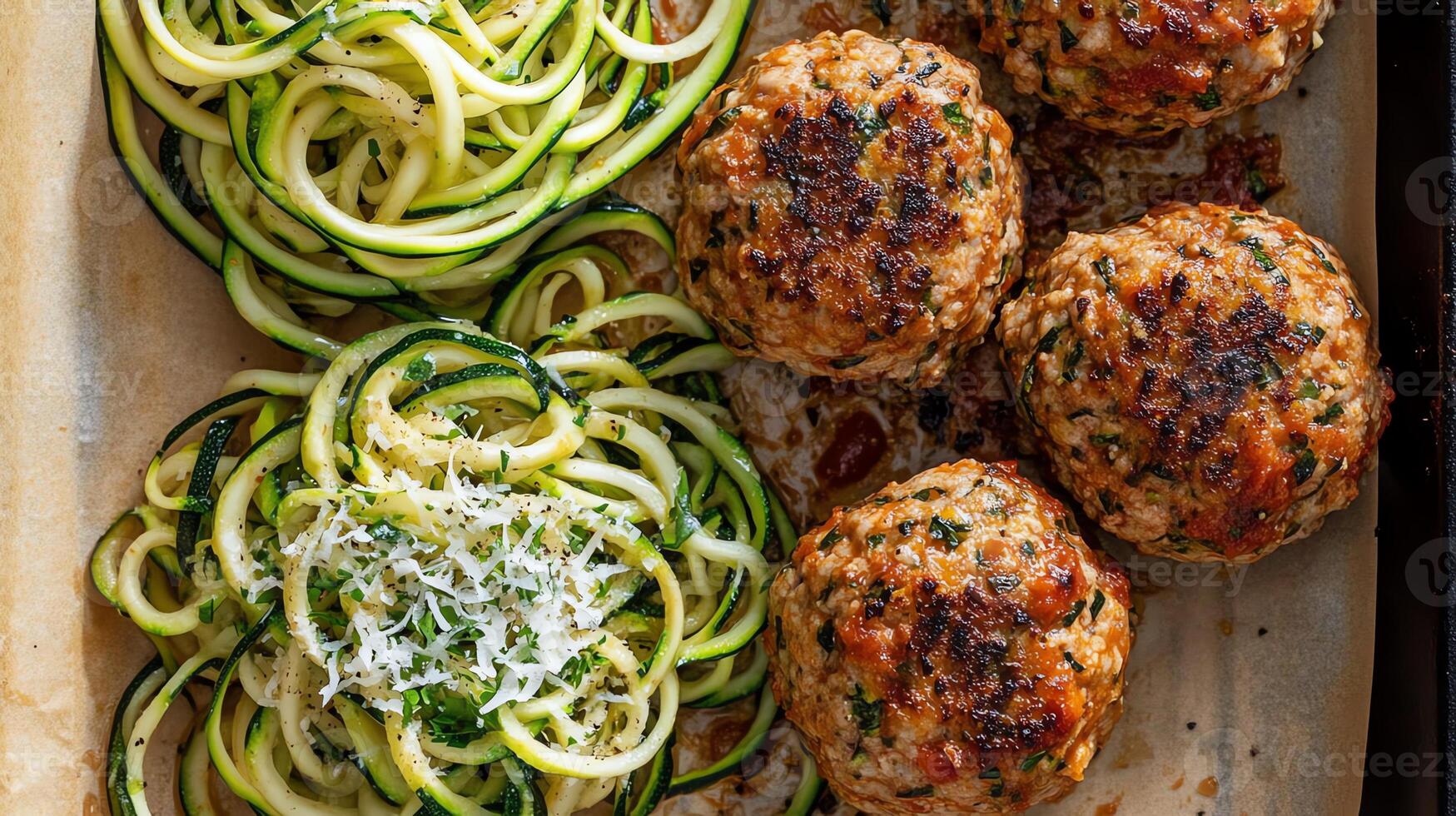A plate featuring zucchini noodles and meatballs, highlighting a healthy meal option. photo