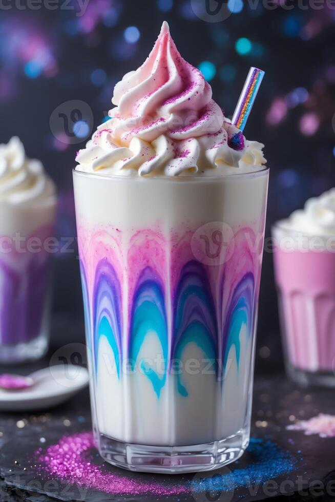 A colorful milkshake topped with whipped cream and a straw, set against a cosmic backdrop. photo