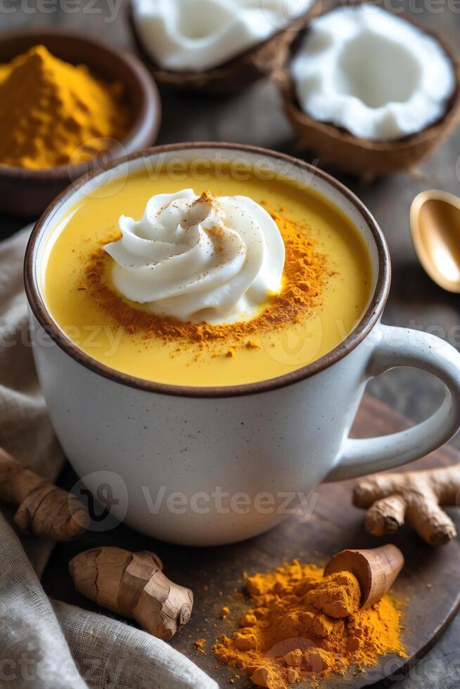 A cozy cup of golden turmeric latte topped with whipped cream and spices. photo