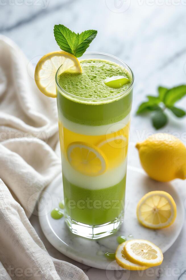 A refreshing layered green and yellow smoothie garnished with lemon and mint. photo
