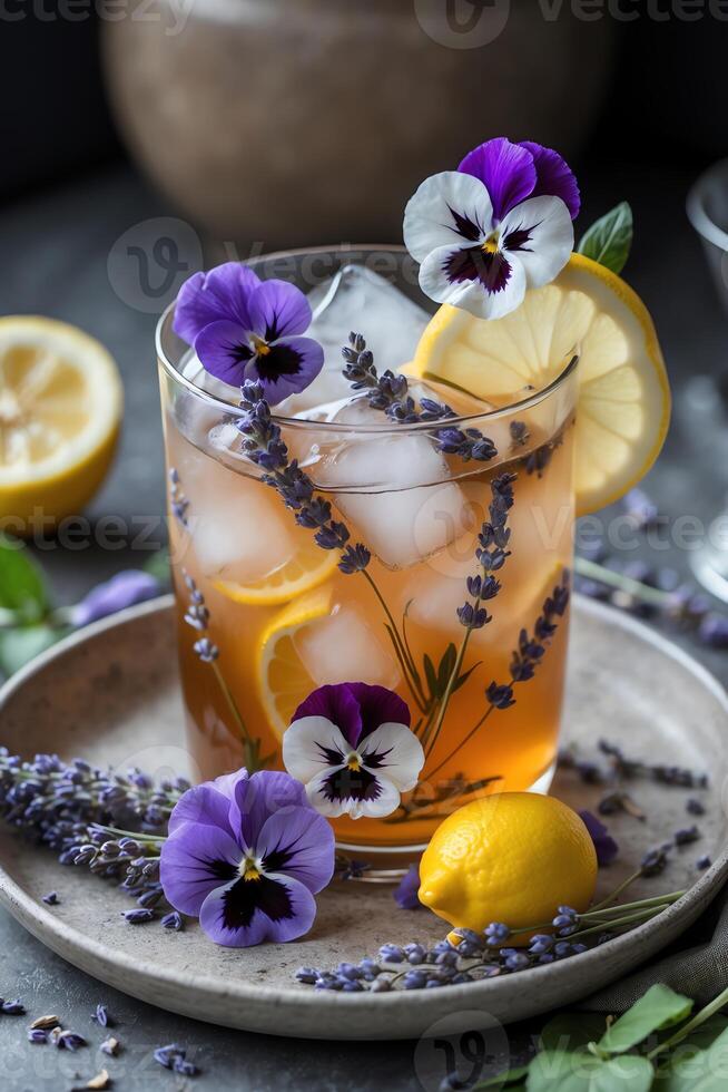A refreshing drink garnished with lavender and pansies, served with lemon slices. photo