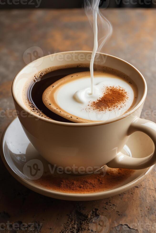 A steaming cup of coffee with milk and a sprinkle of cinnamon on a rustic surface. photo