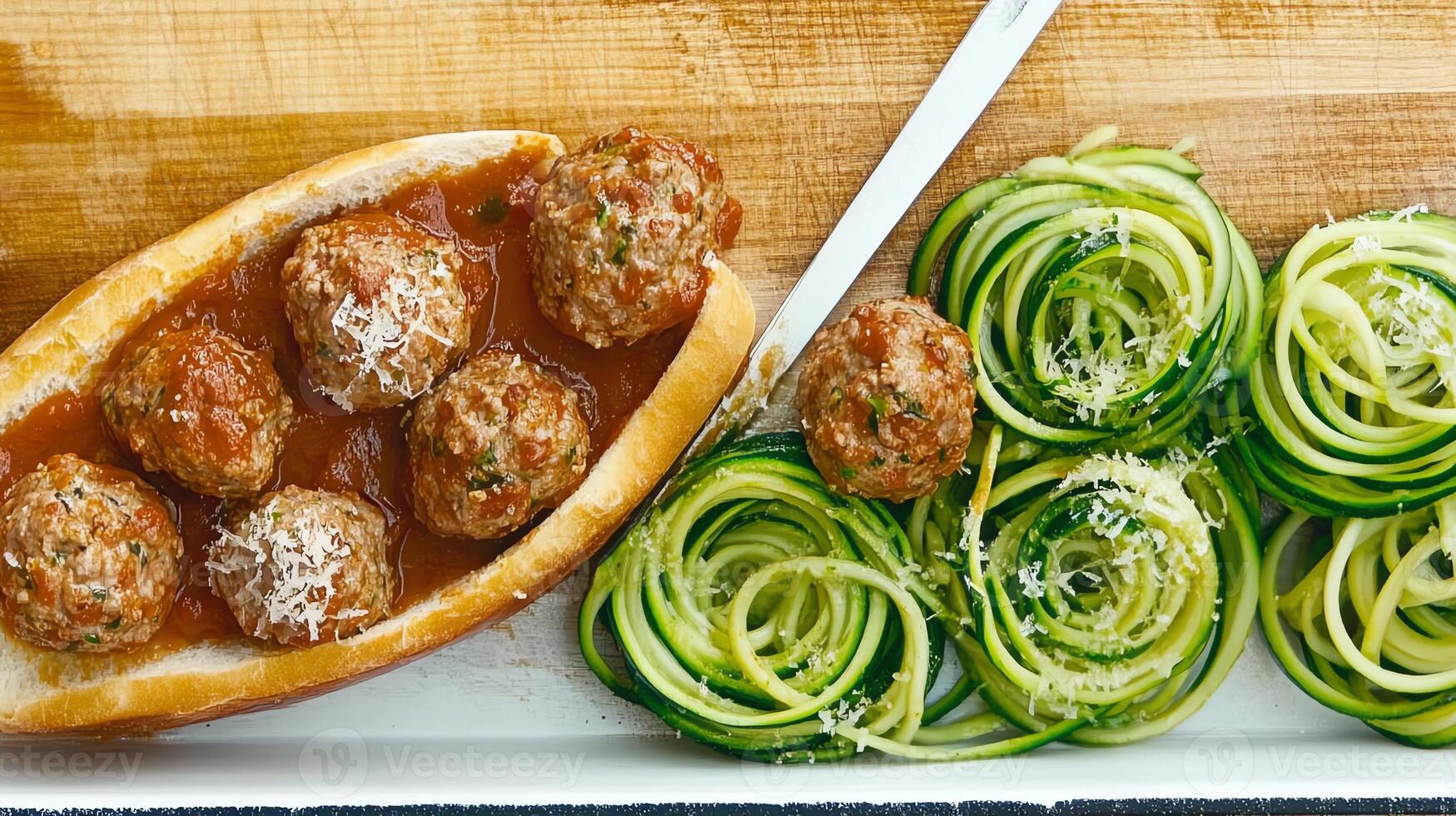 A delicious meal featuring meatballs in a bun and spiralized zucchini. photo