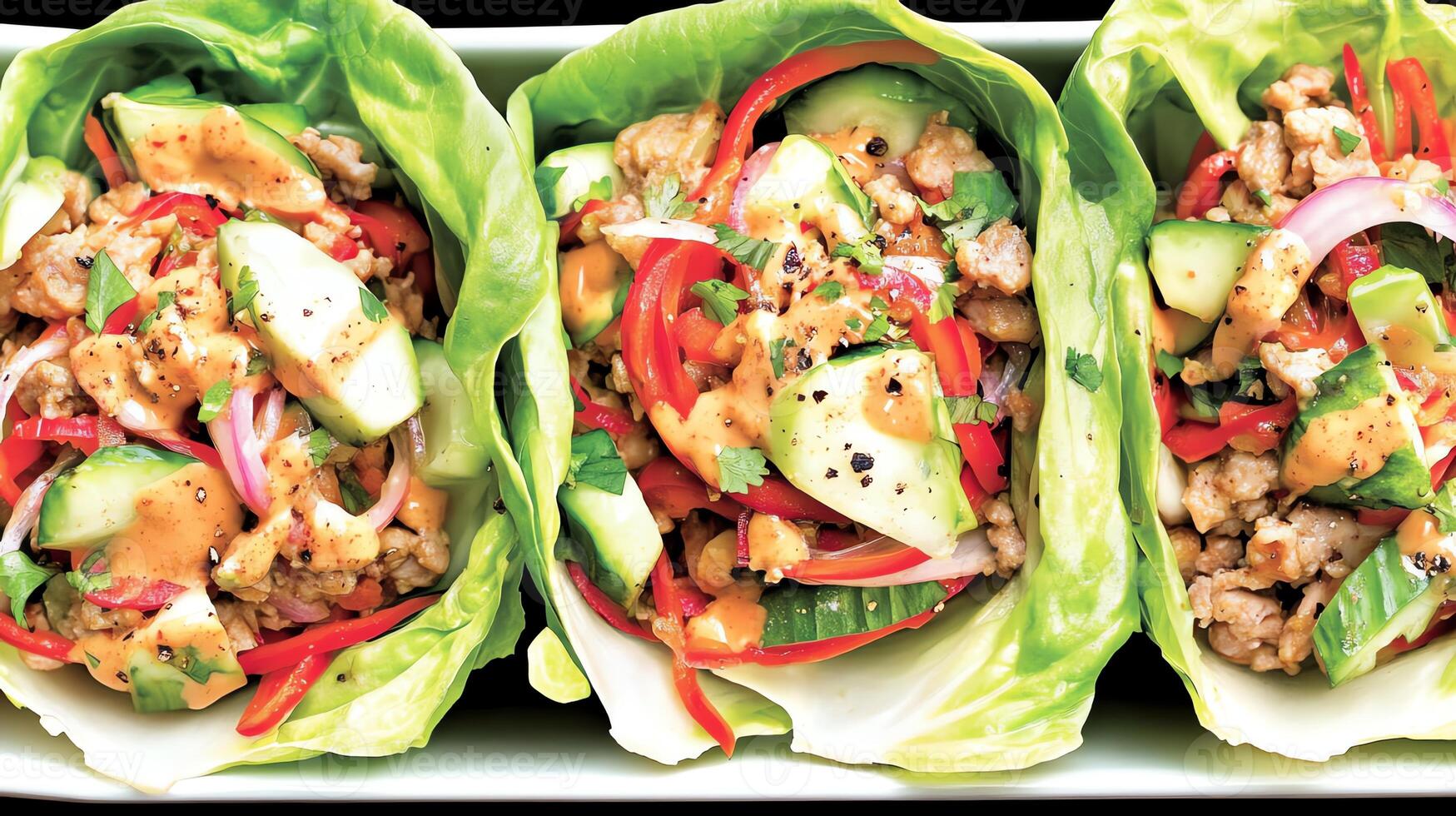 A platter of lettuce wraps filled with chicken, vegetables, and sauce for a healthy meal. photo