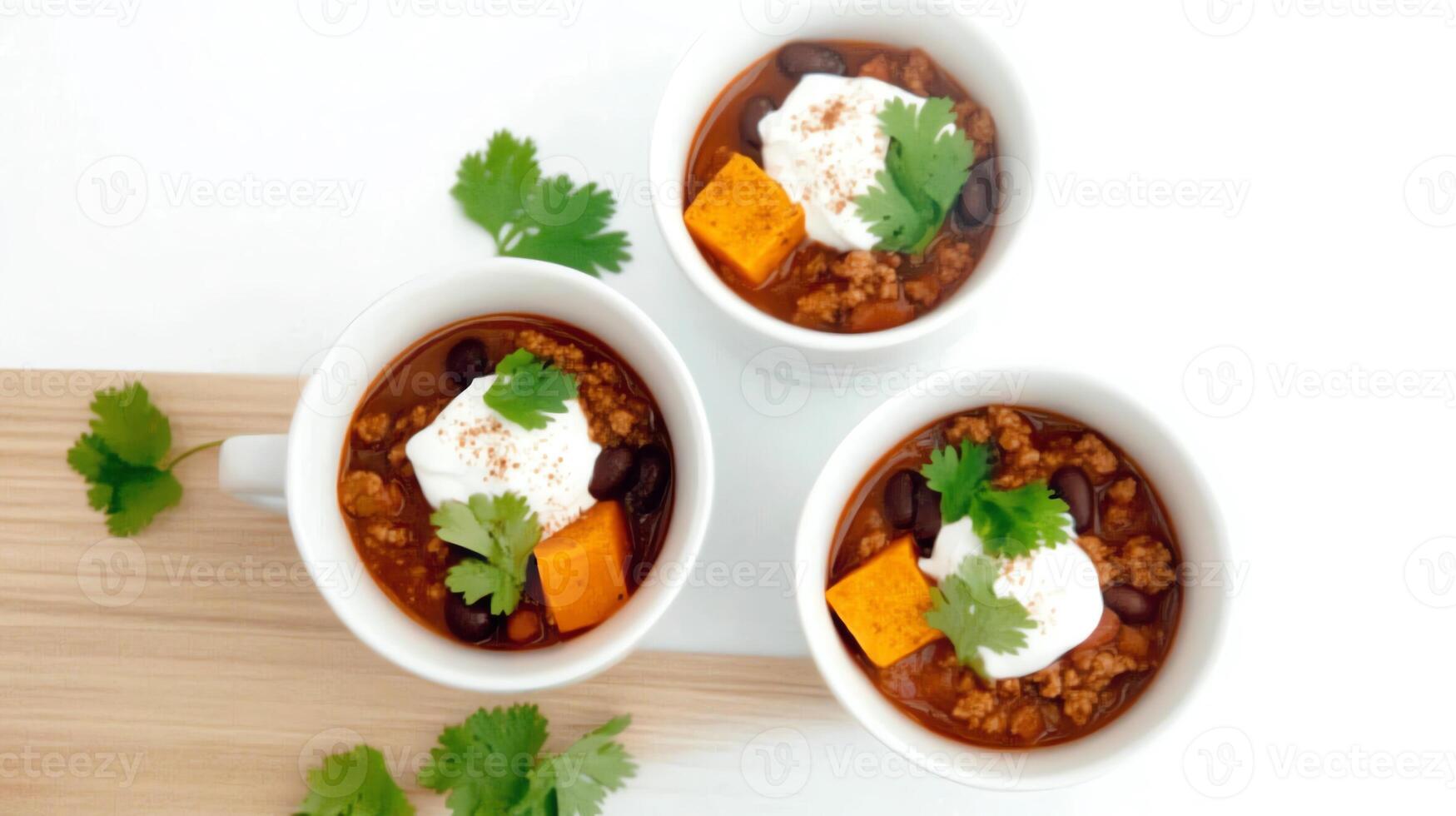 Three bowls of chili topped with sour cream, cilantro, and cheese on a wooden surface. photo