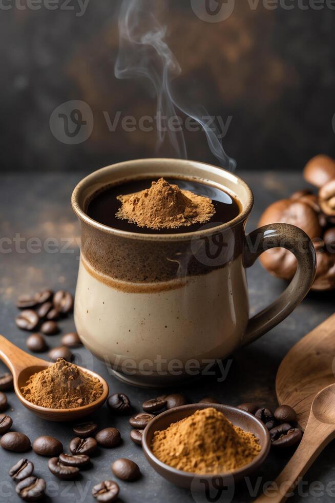 A steaming mug of coffee topped with spices, surrounded by coffee beans and additional spices. photo