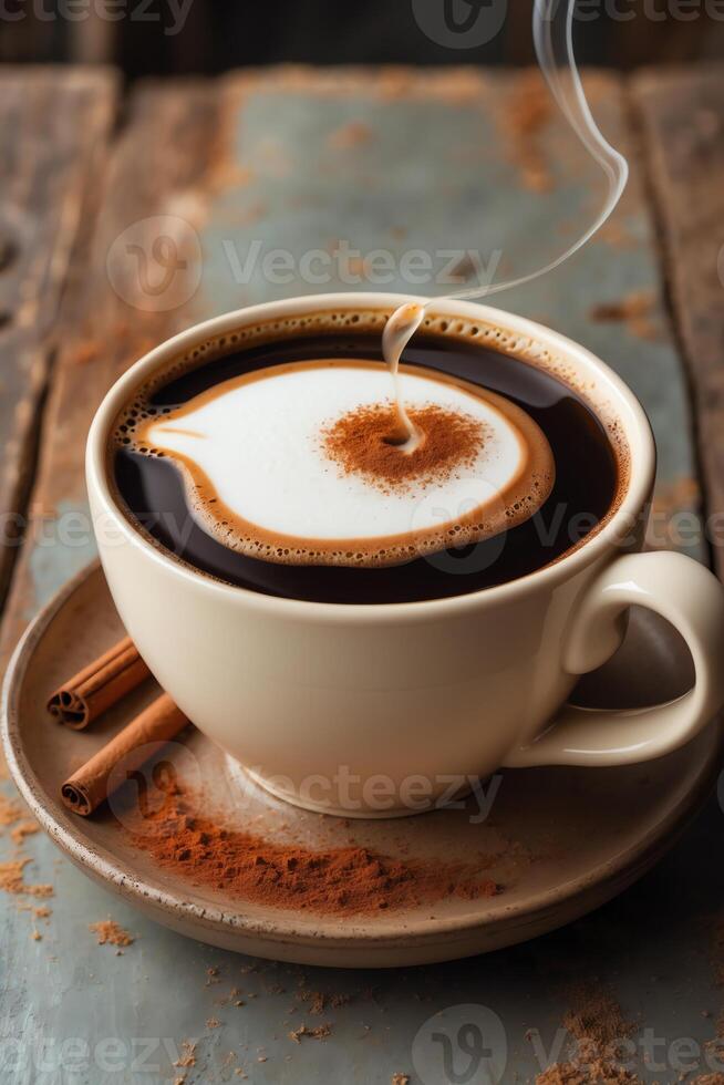 A warm cup of coffee with cinnamon, steam rising, on a rustic wooden surface. photo