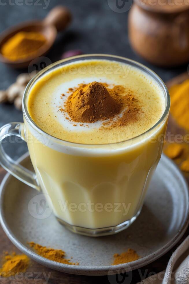 A warm cup of turmeric latte topped with spice, served on a plate. photo