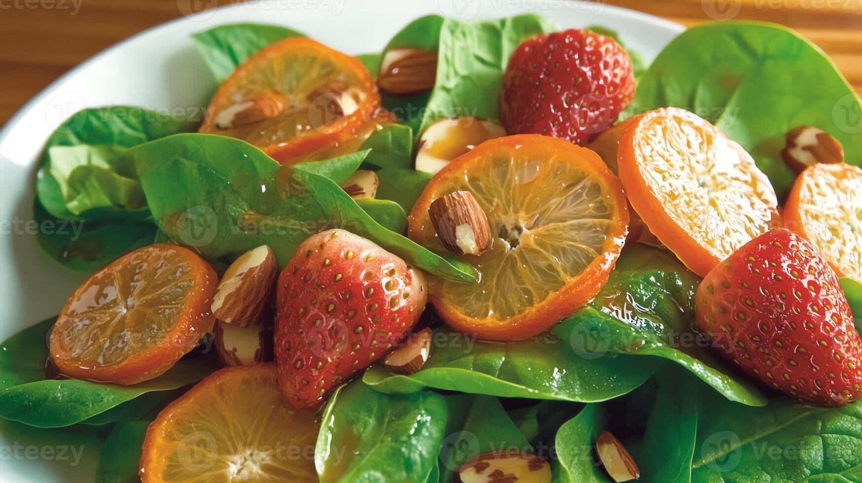A fresh salad featuring spinach, strawberries, and citrus slices, garnished with almonds. photo