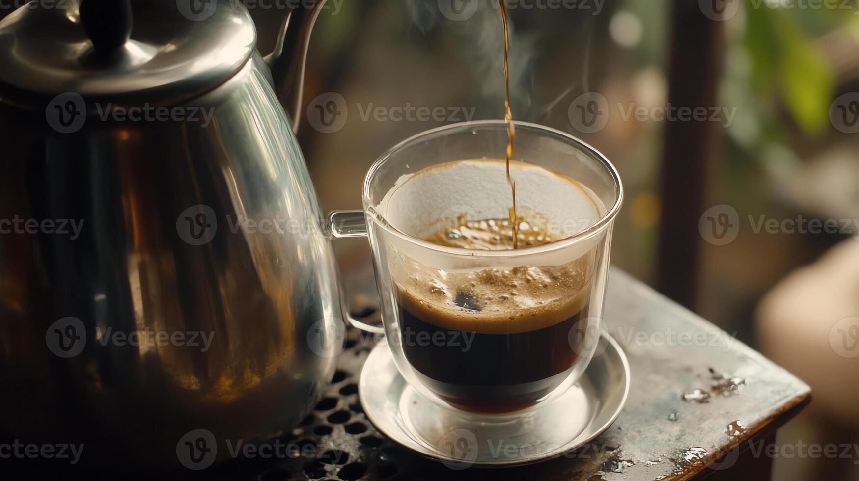 A steaming cup of coffee beside a metallic kettle on a rustic surface. photo