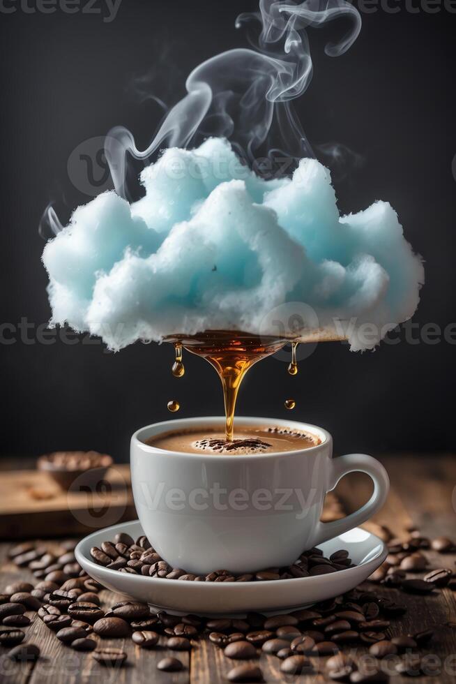 A whimsical image of a coffee cup with cotton candy clouds and coffee dripping down. photo