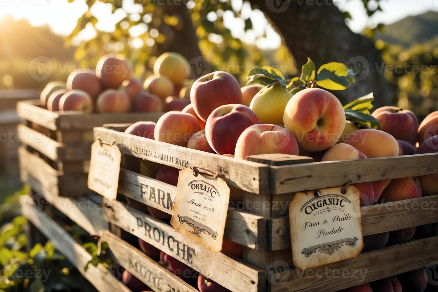 Fresh Organic Apples in Wooden Crates at a Farm Orchard photo