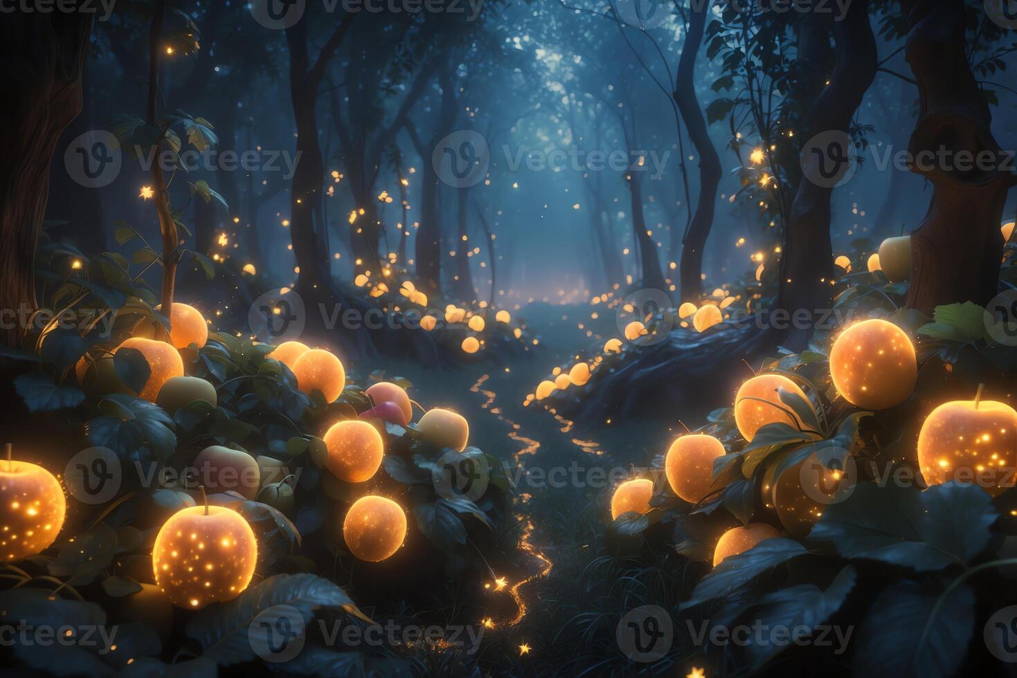 Enchanted Forest Path with Glowing Apples and Mystical Light photo
