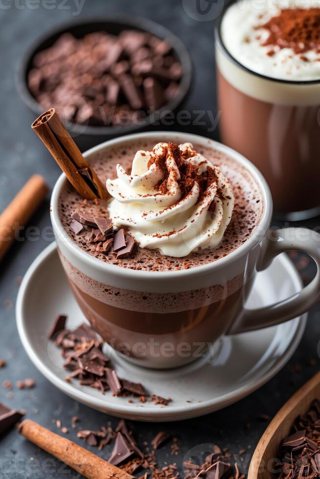 A cozy cup of hot chocolate topped with whipped cream and chocolate shavings, perfect for winter. photo
