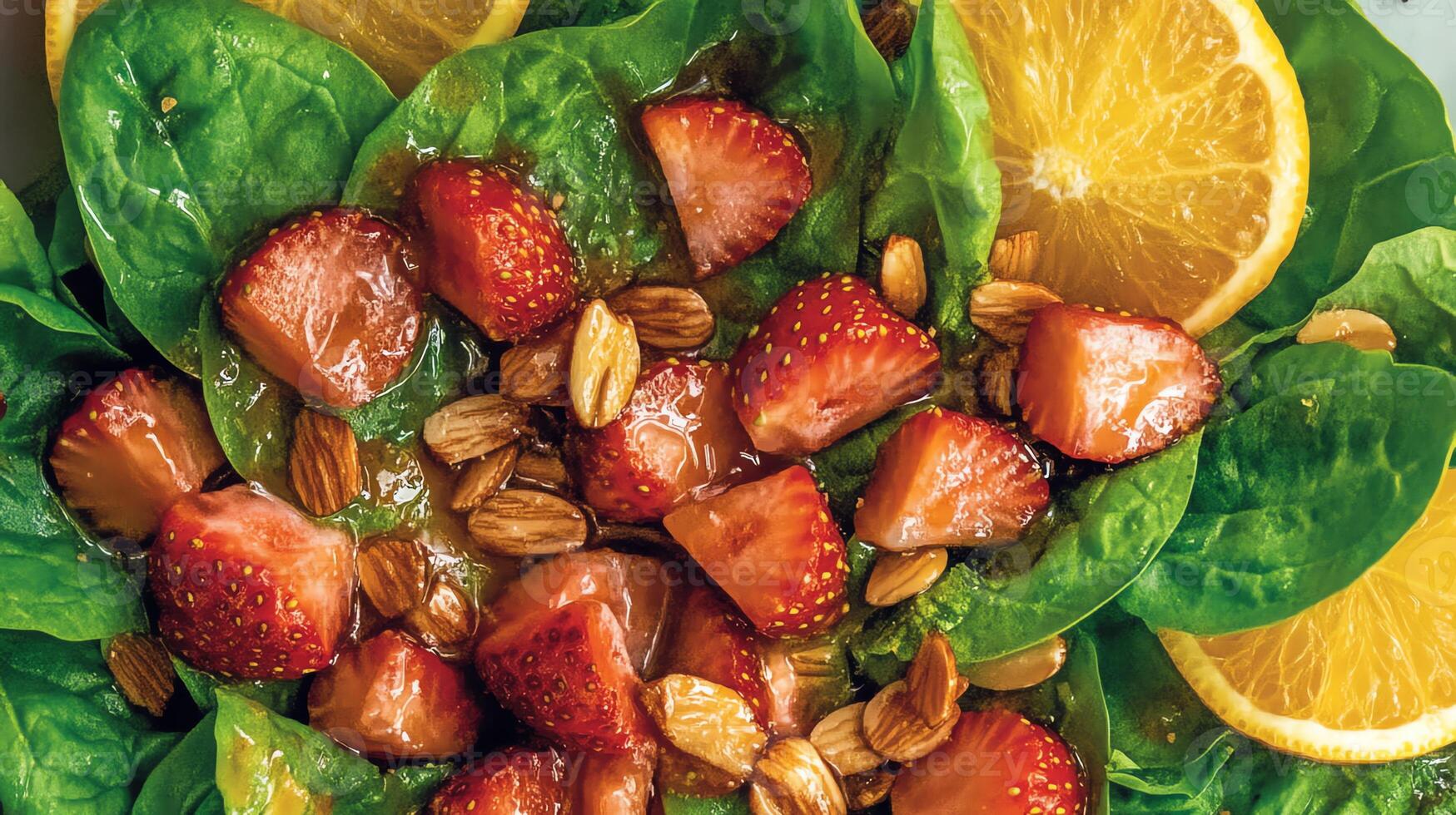 A fresh salad featuring spinach, strawberries, almonds, and orange slices. photo