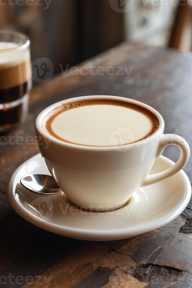 A cup of coffee with creamy foam, resting on a wooden table, inviting for a warm drink. photo