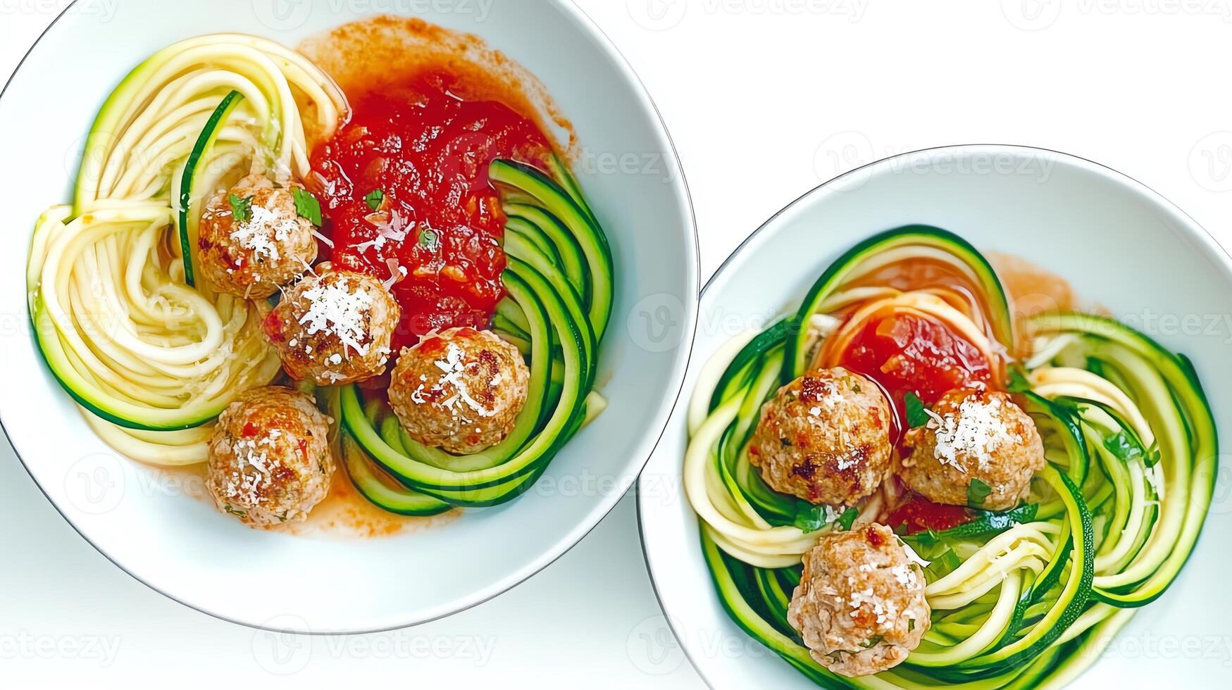A bowl of spaghetti with meatballs and marinara sauce, garnished with herbs. photo