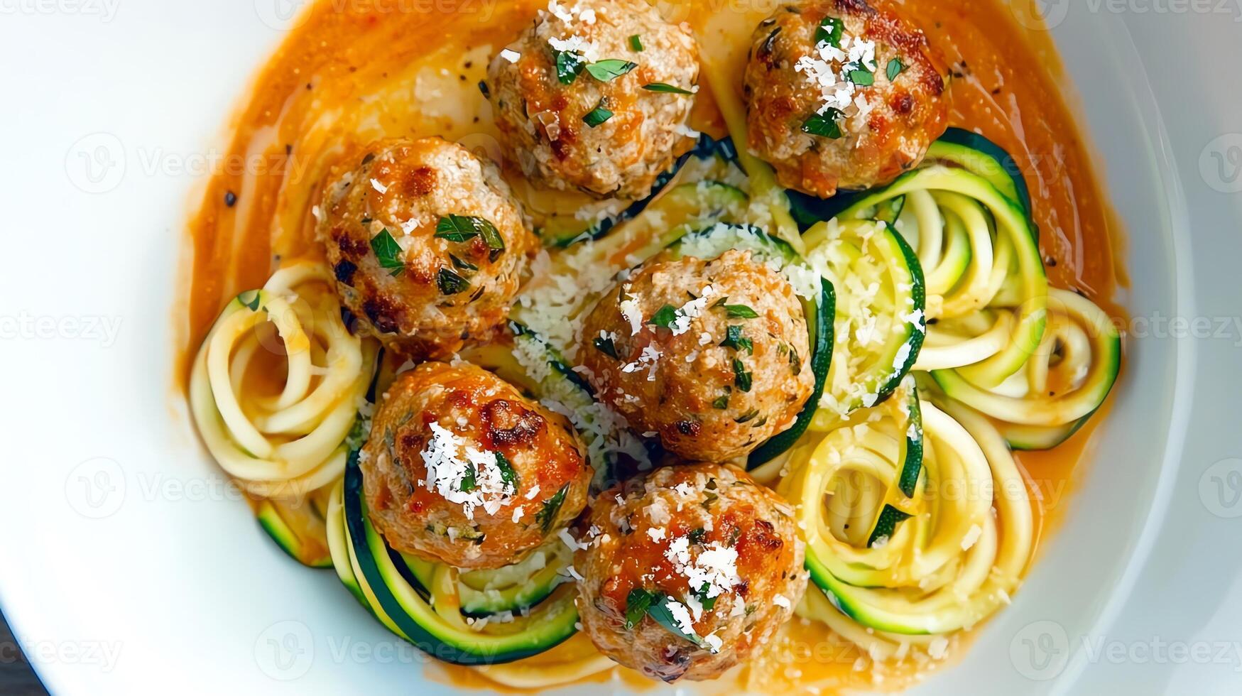 A delicious plate of spaghetti with meatballs and zucchini noodles in a savory sauce. photo