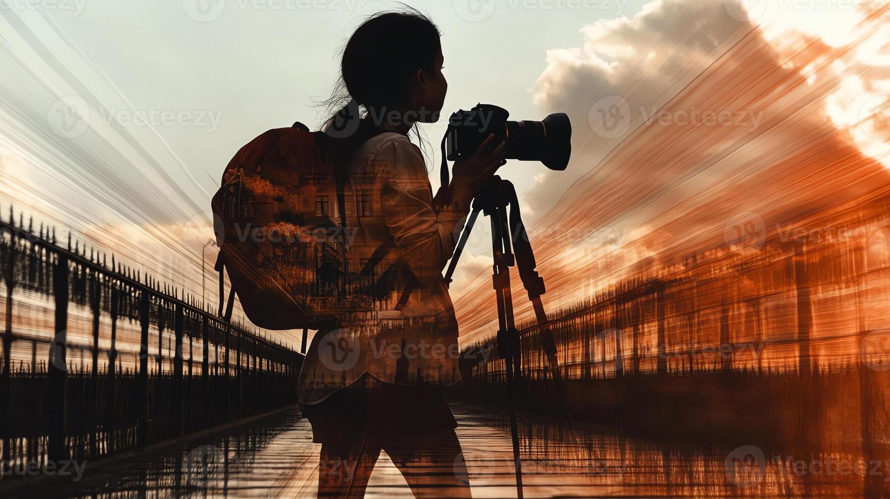 A silhouette of a photographer with a camera and backpack against a sunset backdrop. photo