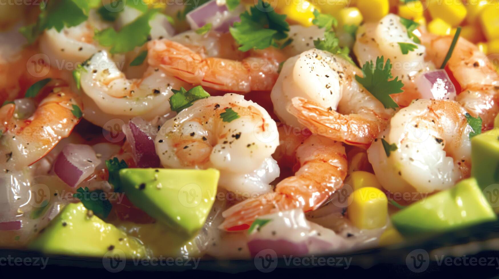 A vibrant dish featuring shrimp, corn, avocado, and herbs, showcasing a colorful meal. photo