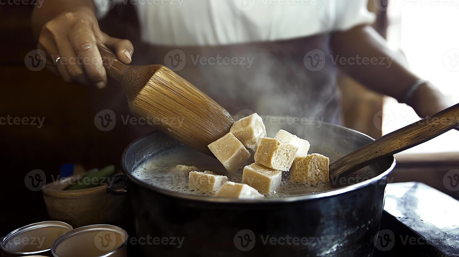 A person adds tofu cubes to a steaming pot, preparing a meal. photo