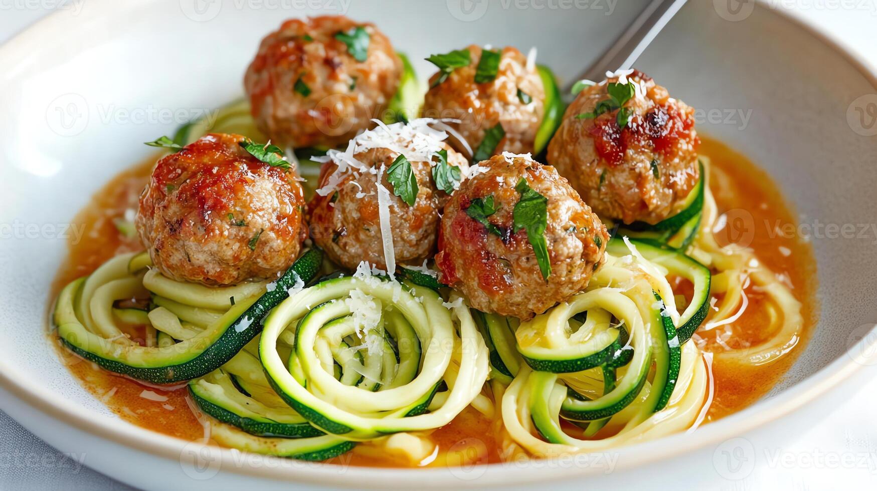 A bowl of zucchini noodles topped with meatballs and garnished with parsley and cheese. photo