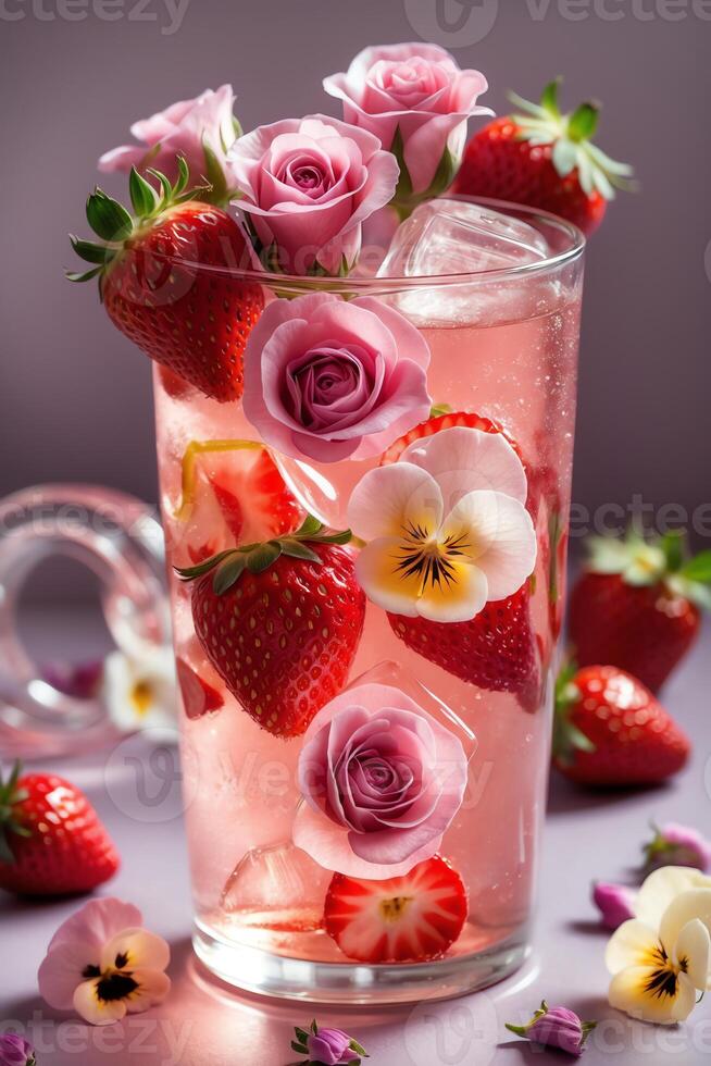 A refreshing drink with strawberries and roses, perfect for a summer gathering. photo
