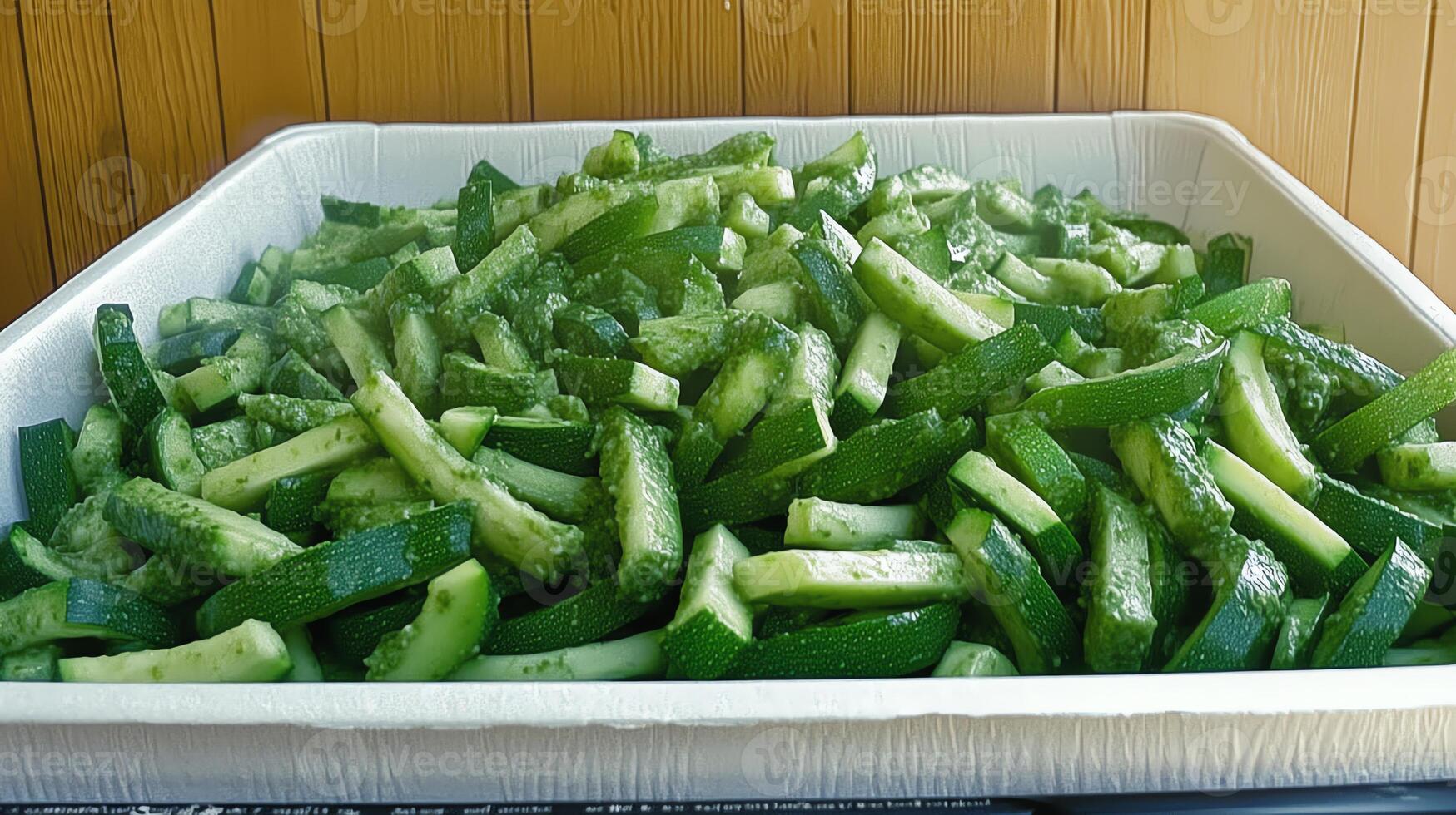A large tray filled with freshly cut green cucumbers, likely prepared for a dish or salad. photo