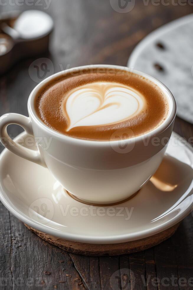 A cup of latte art with a heart design on a wooden table. photo