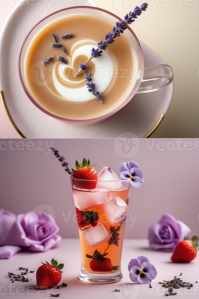 A stylish coffee with lavender and a refreshing strawberry drink, both elegantly presented. photo