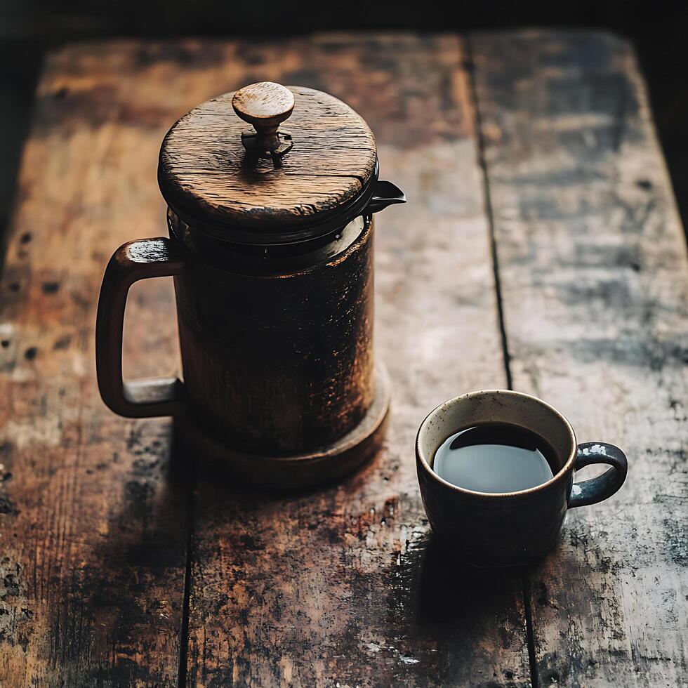 Vintage French Press Coffee Maker with Wooden Handle photo