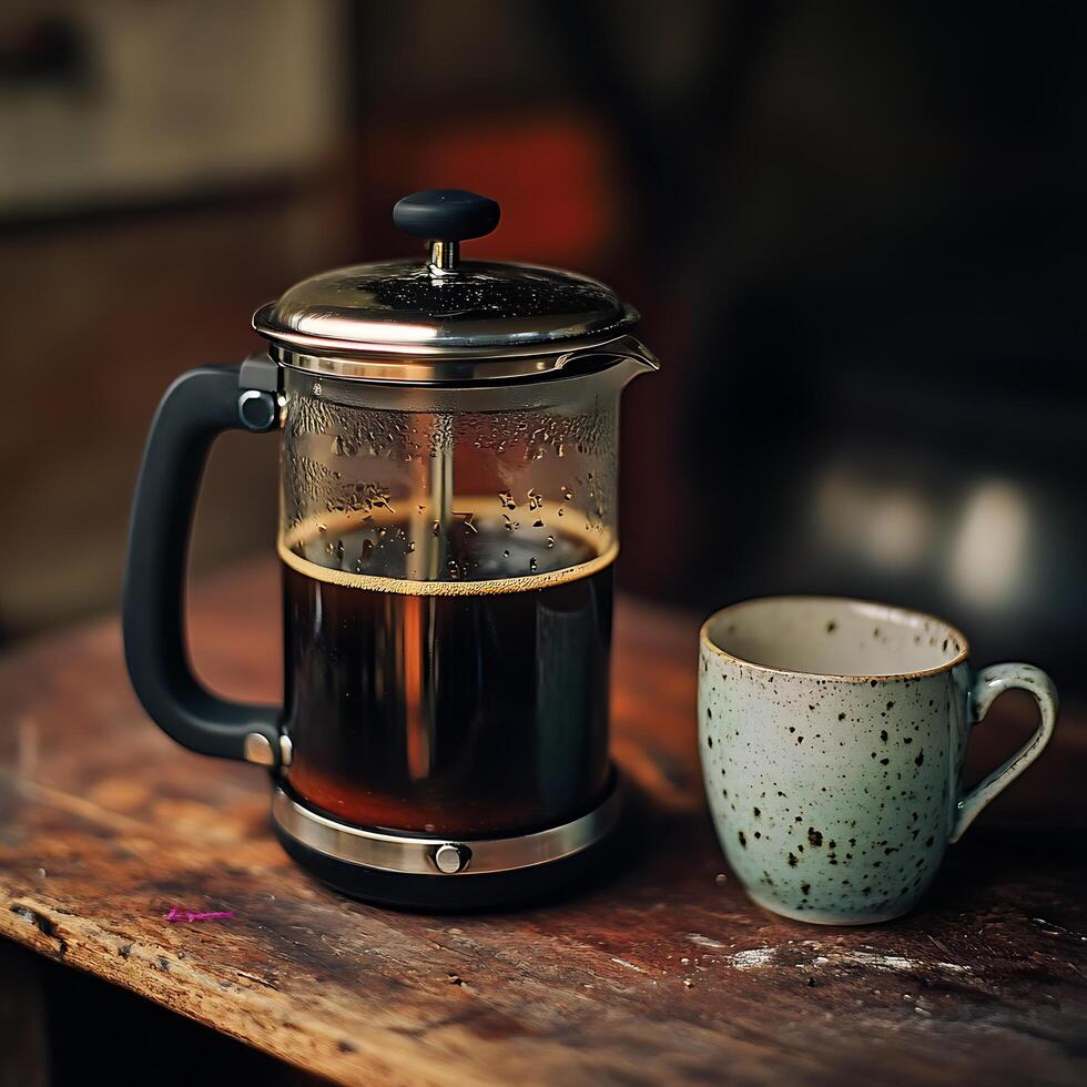 A well Used French press filled with freshly brewed coffee photo