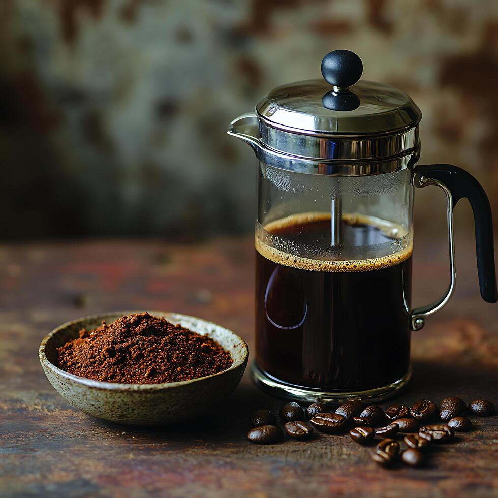 A French press filled with freshly brewed coffee photo