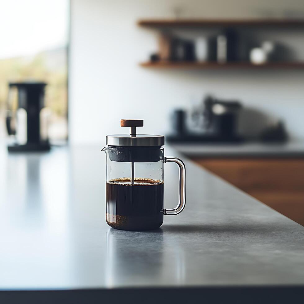 A stylish French press filled with dark coffee photo